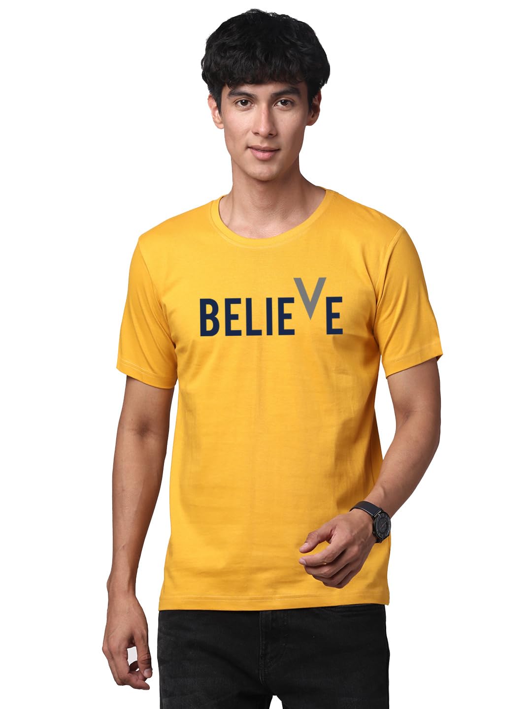 ADRO Believe Design Printed T-Shirt for Men (R22-M-BVV-MU_Mustard)