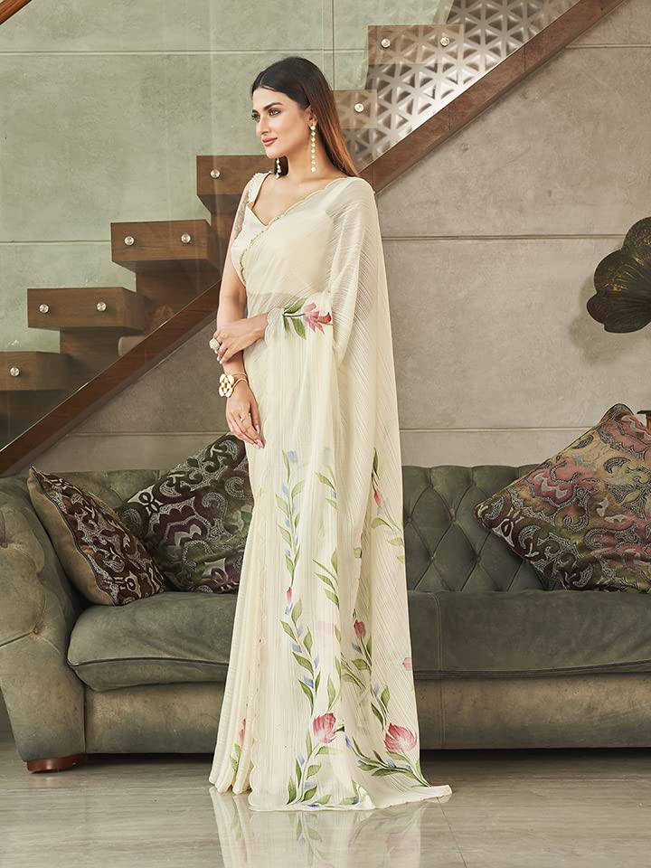 Womanista Womens Satin Hand Print Saree for Women | Fancy Floral Print Striped Saree (TI3313_Cream)