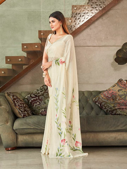 Womanista Womens Satin Hand Print Saree for Women | Fancy Floral Print Striped Saree (TI3313_Cream)