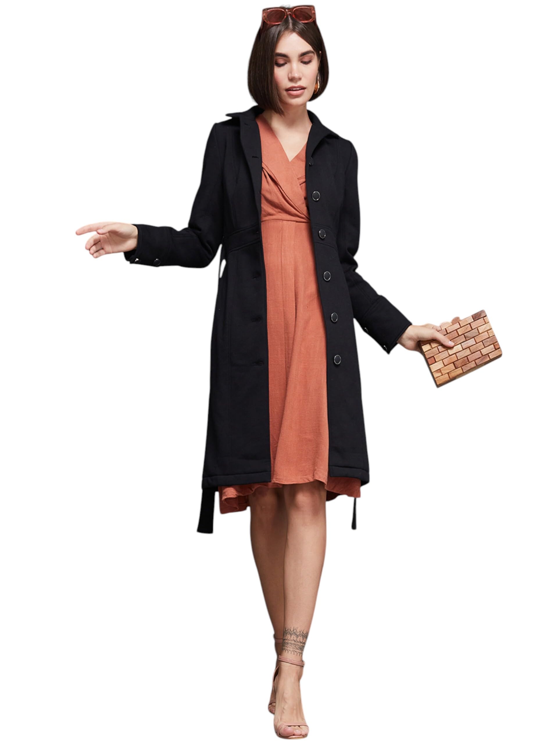 Miss Chase Womens Collared Full Sleeve Tie-up Longline Jacket (MCAW24JKT99-37-62-06, Black, XL)
