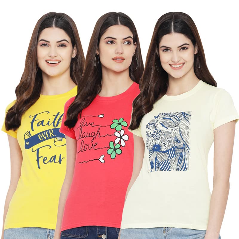 Preneum Womens Cotton Regular Fit Latest Graphic Stylish Printed Short Sleeves Casual T-Shirt || Trend & Stylish (Pack 3), Yell