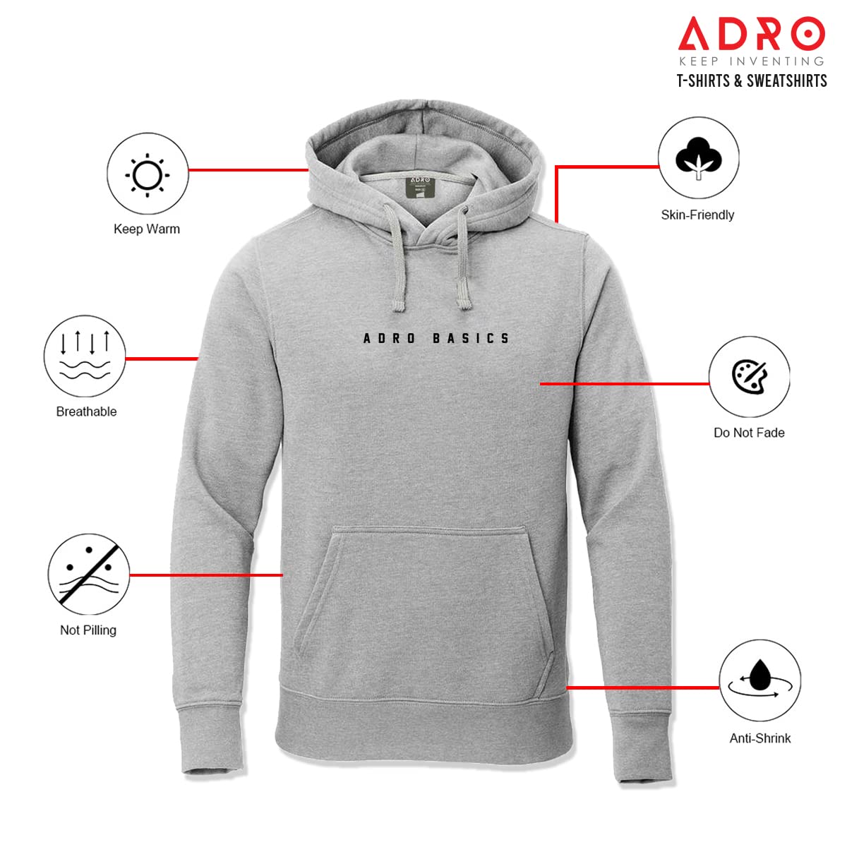 ADRO Men's Cotton Neck Hooded Sweatshirt (H22-M-AR2-GR_Grey)
