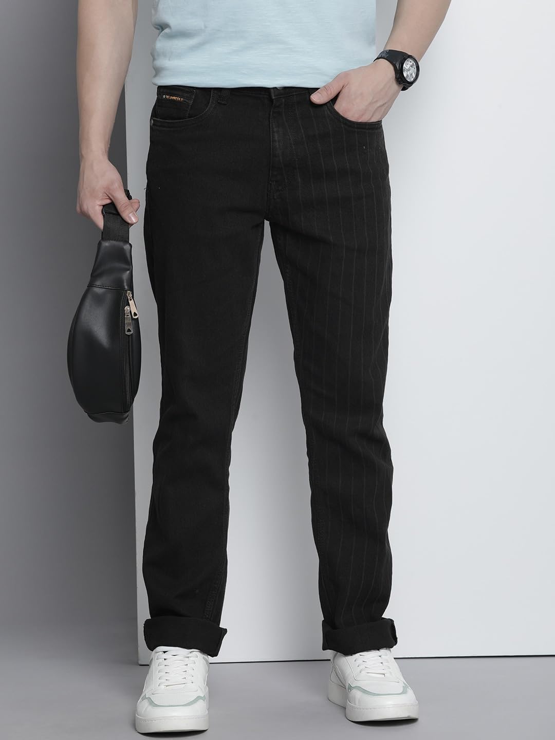 The Indian Garage Co Men Slim Straight Fit Striped Mid-Rise Stretchable Jeans Black