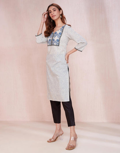 Fabindia WomenS Cotton Printed Regular Kurta (1037320Natural- Off White-Blue