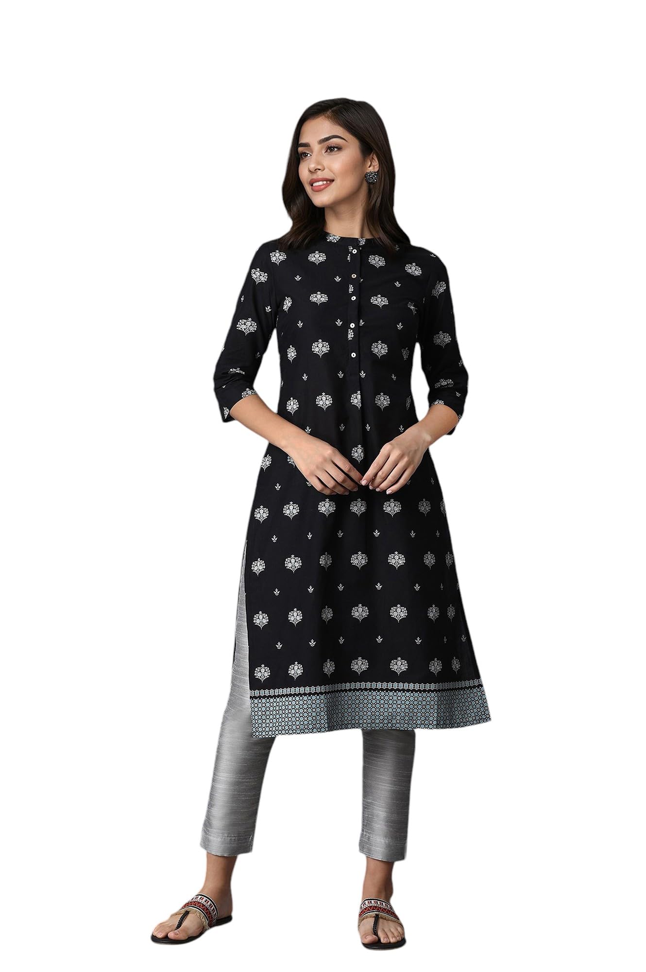 W Black Cotton Floral Printed Regular Kurta For Women