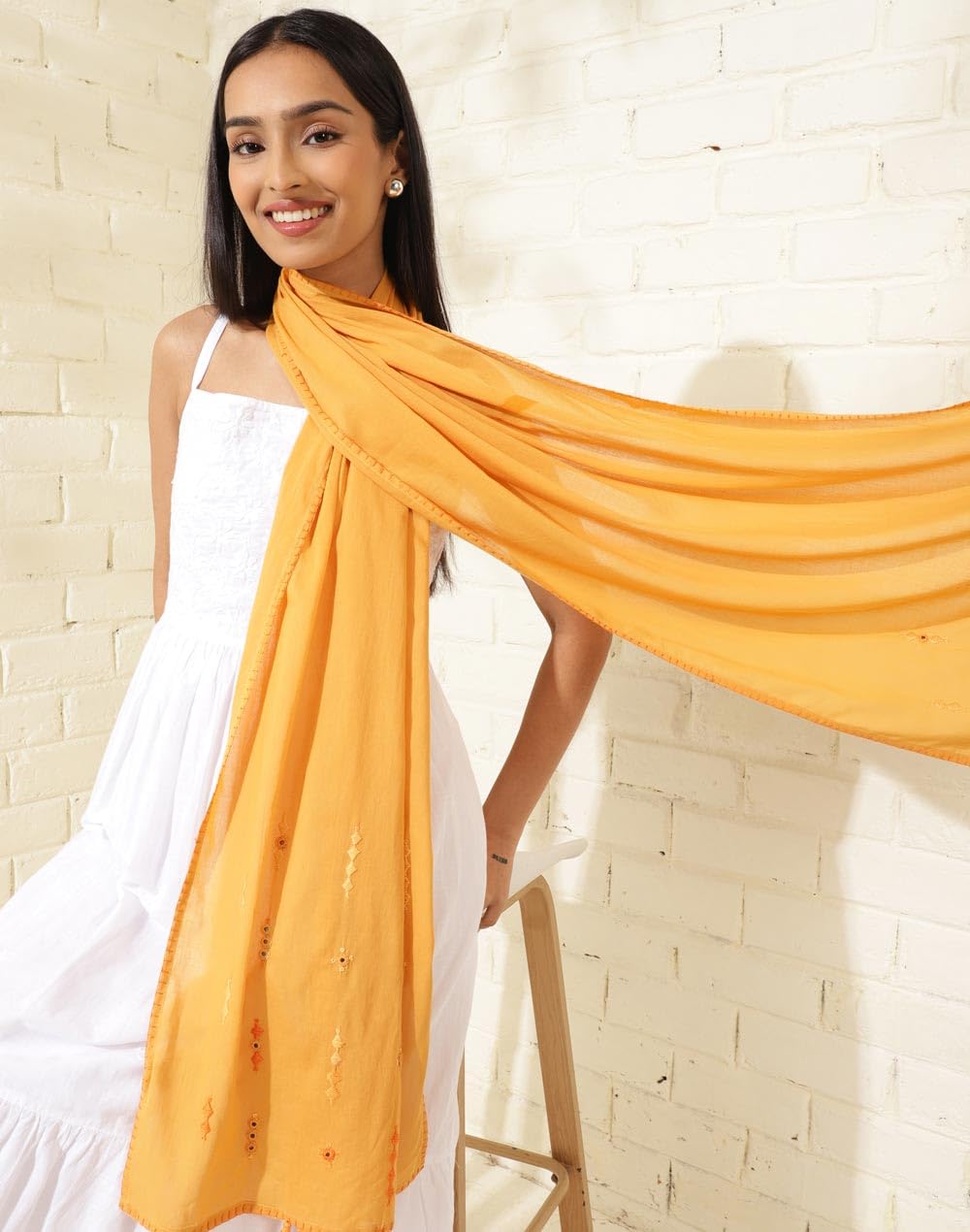 Fabindia Yellow Cotton Embroidered Stole For Women (Free Size)
