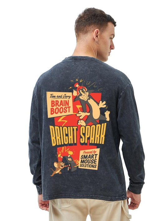 Bewakoof Official Tom & Jerry Merchandise Mens Graphic Print Oversized Fit Full Sleeve Round Neck Cotton Acid Wash T-Shirt_6308