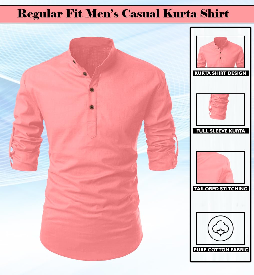 Finivo Fashion MenS Cotton Blend Solid Full Sleeve Short Kurta Shirt Peach