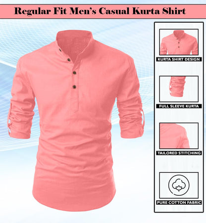 Finivo Fashion MenS Cotton Blend Solid Full Sleeve Short Kurta Shirt Peach