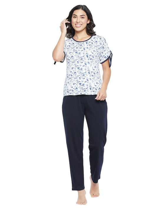 Clovia Womens Floral Printed Top & Pyjama Set (LS0596P18_White_S)