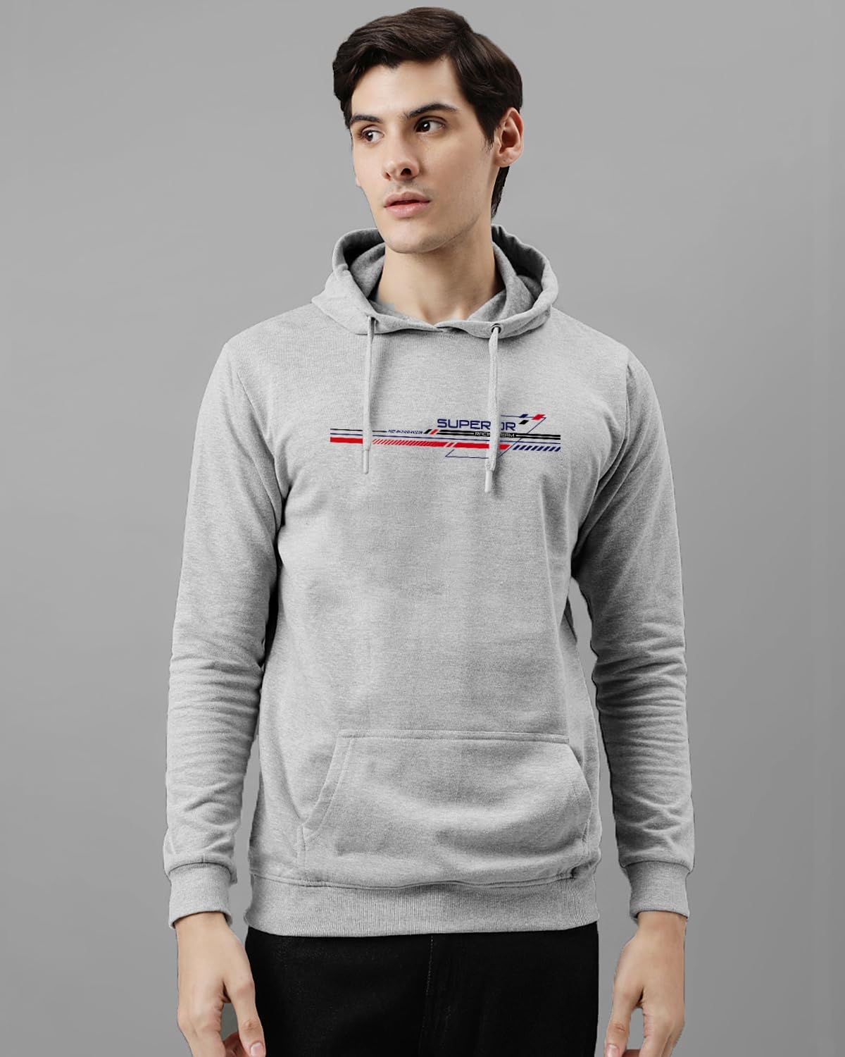 ADRO Men's Cotton Blend Neck Hooded Sweatshirt (H24-RAC-GR_Grey