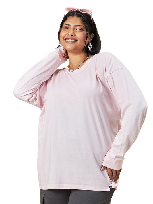 Bewakoof Womens Solid Oversized Fit Full Sleeve Round Neck Cotton Plus Size T-Shirt 617289 Pink 6XL