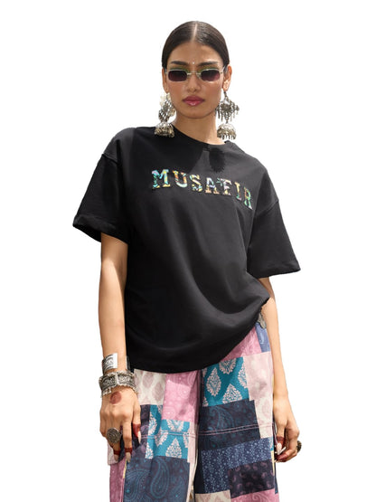The Souled Store Desi Rebel: Musafir Women and Boys Short Sleeves Round Neck Black Embroidered Cotton Oversized T-Shirts