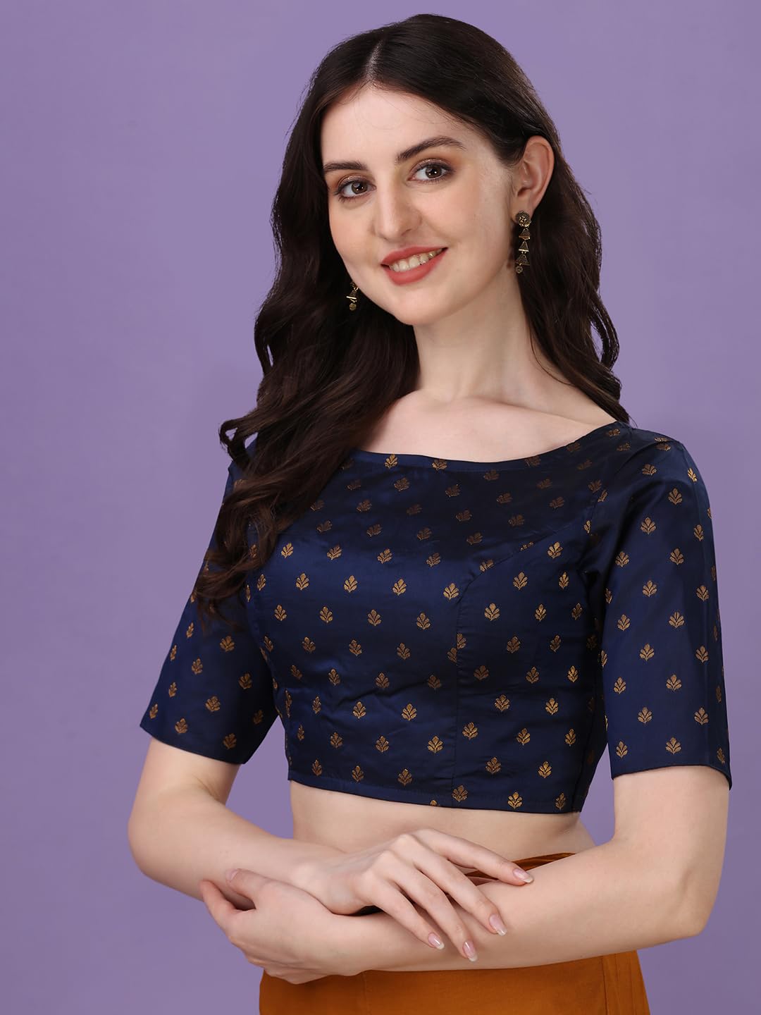 OOMPH! Womens Indian Ethnic Wear Designer Leaf Pattern Boat Neck Half Sleeve Brocade Navy Blue Blouse for Saree or Lehnga and B