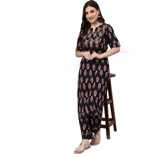 idaLia Black Printed Cotton Kurta Set