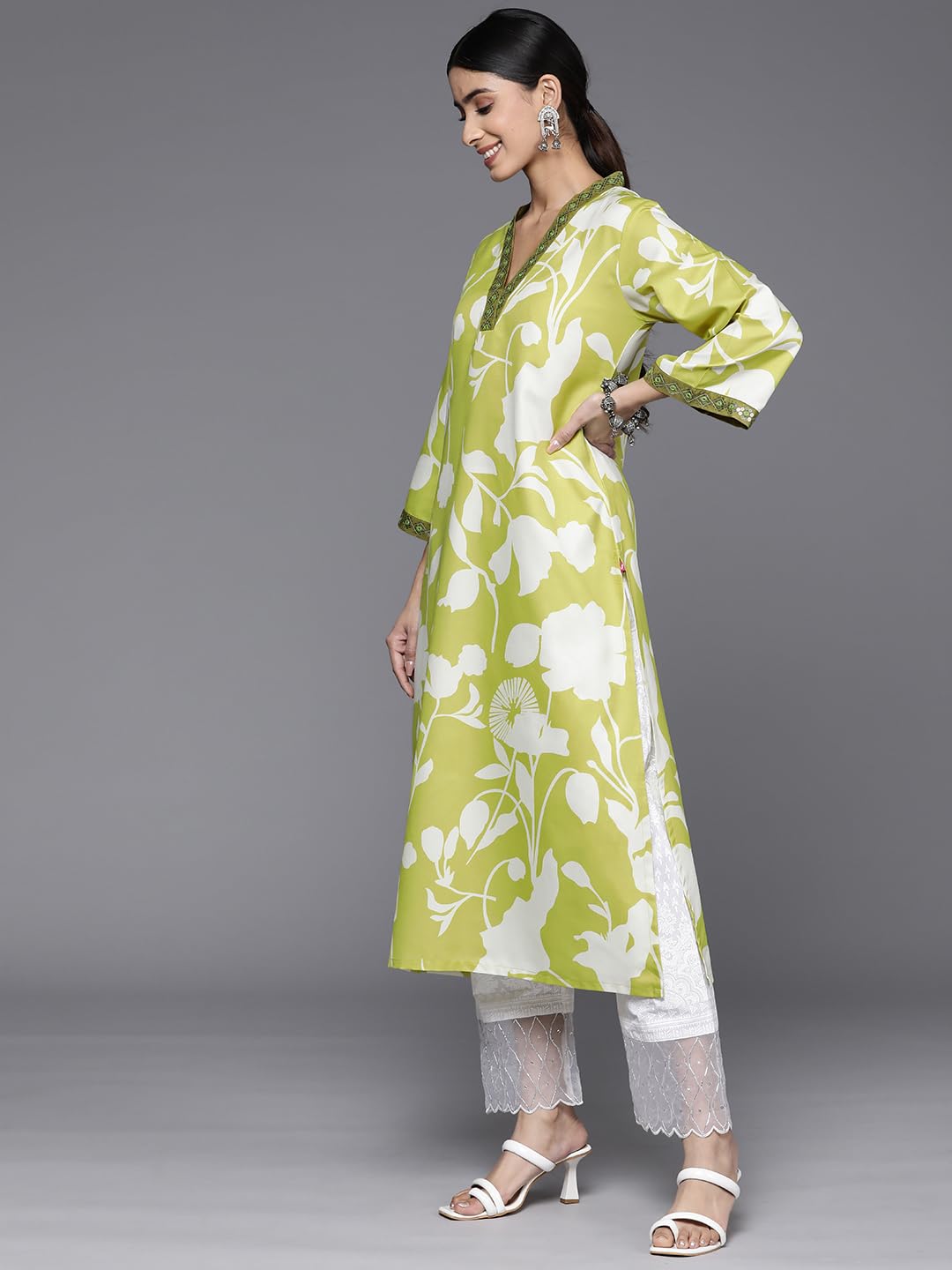 Varanga Women Lime Green Floral Printed V-Neck Kurta With Three Quarter Bell Sleeves - Comfortable Cotton Ethnic Kurti Set For W