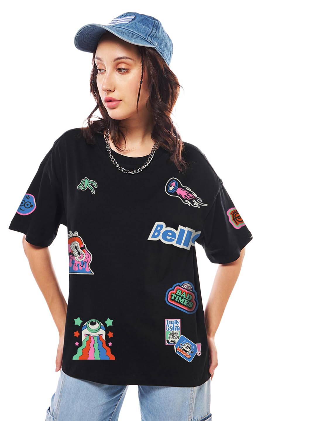 Bewakoof Official Minions Merchandise Minions Womens Graphic Print Oversized Fit Half Sleeve Round Neck Cotton T-Shirt_647304_B