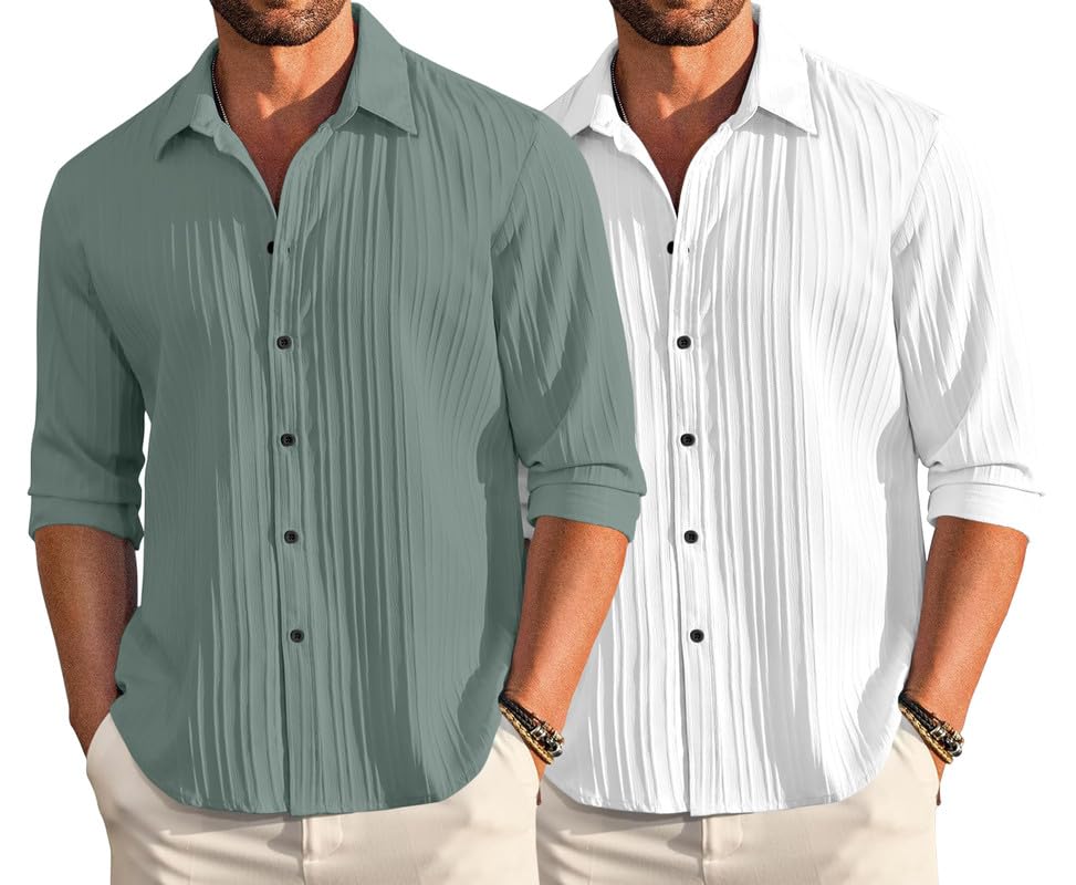 Macsivo Combo Of MenS Casual Button Down Shirts Long Sleeve Linen Shirt Fashion Textured Beach Summer Shirt Pack Of 2