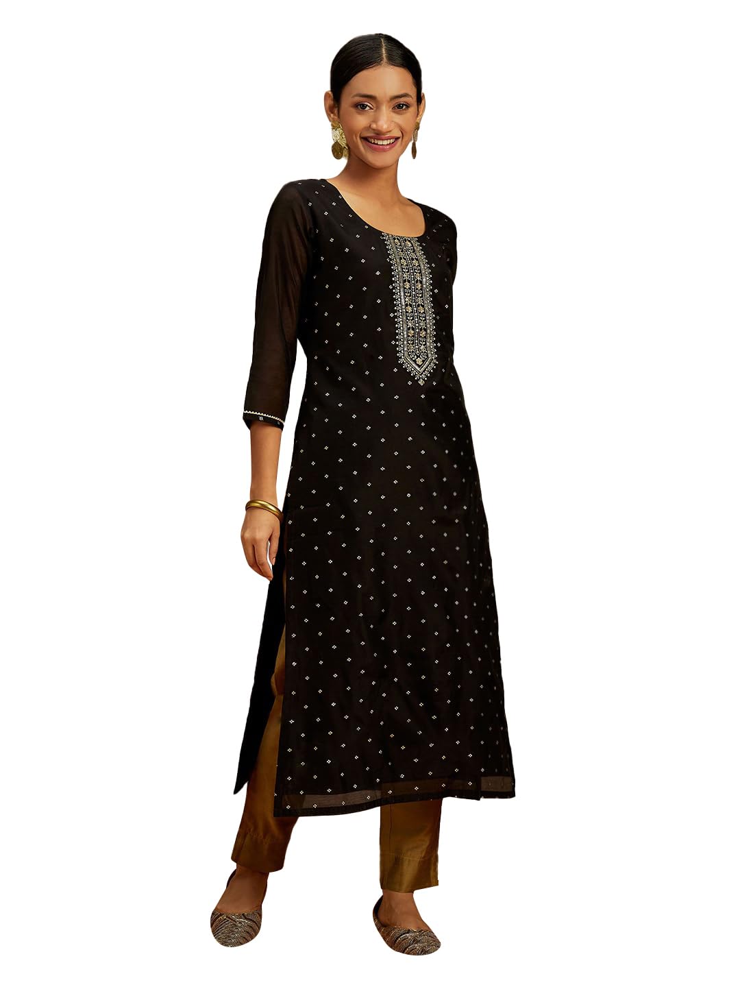 Libas WomenS Chanderi Silk Yoke Design Straight Kurta (58046_Black