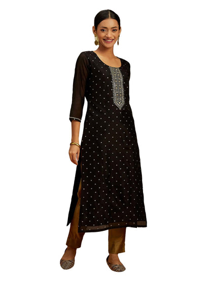 Libas WomenS Chanderi Silk Yoke Design Straight Kurta (58046_Black