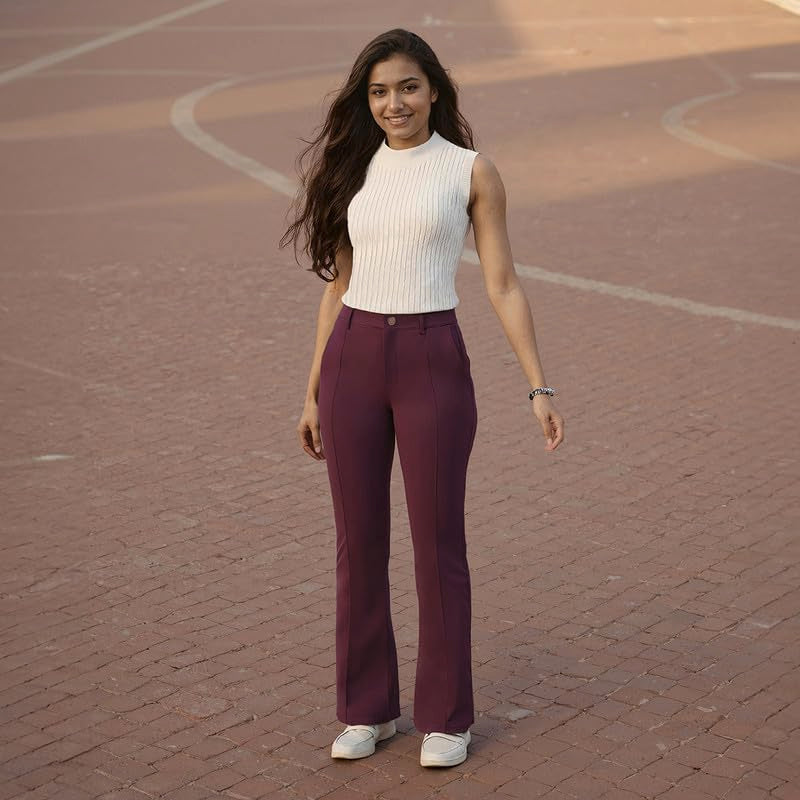 BlissClub Ultimate Flare Tailored Trousers | CloudSoftTM Fabric | Gold Button | Stylish Pintucks | Belt Loops | Mock Fly | 2 Poc