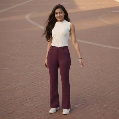 BlissClub Ultimate Flare Tailored Trousers | CloudSoftTM Fabric | Gold Button | Stylish Pintucks | Belt Loops | Mock Fly | 2 Poc