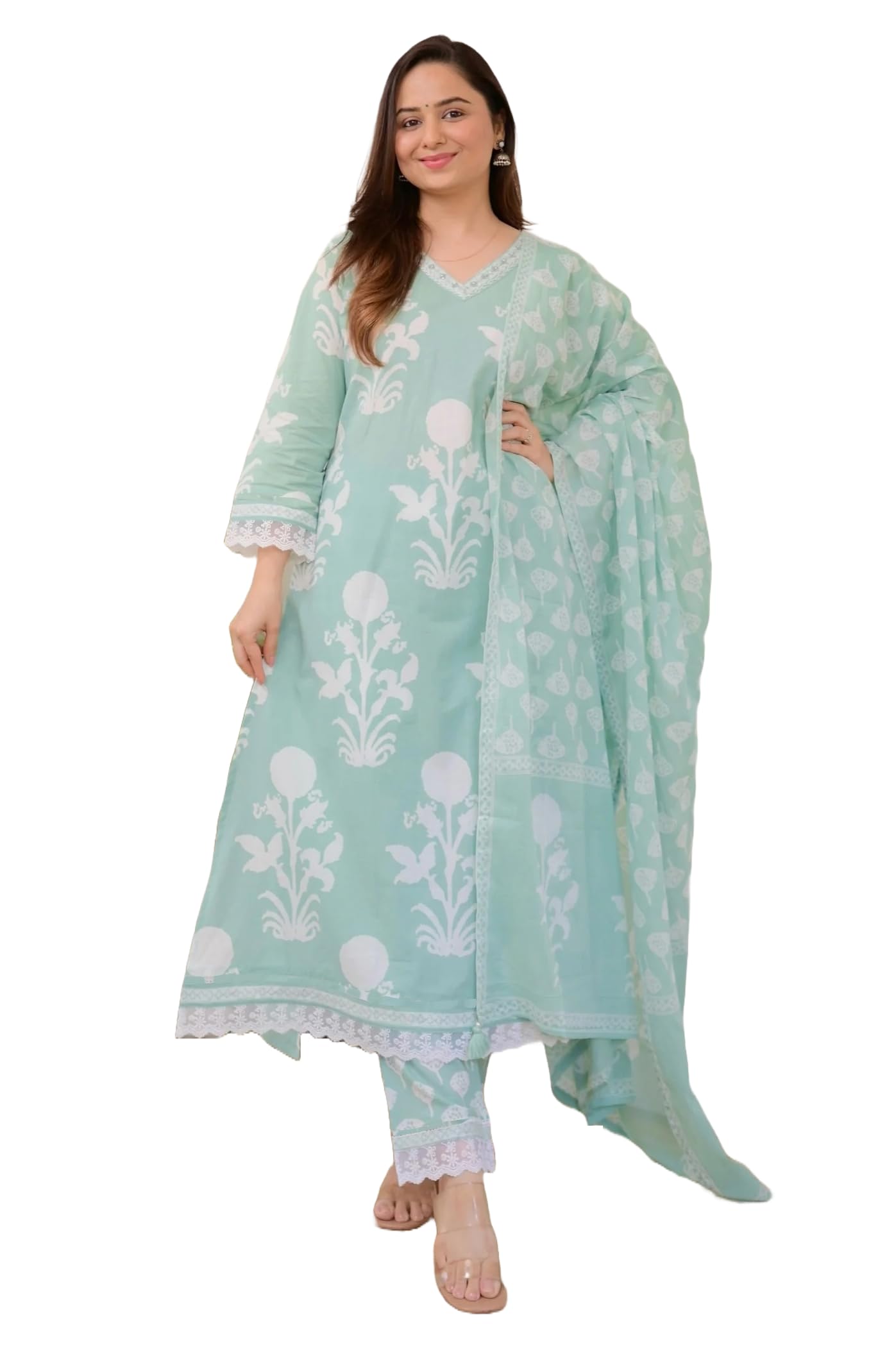 Nermosa Women Cotton Printed Straight V-Neck Kurta Pant With Dupatta