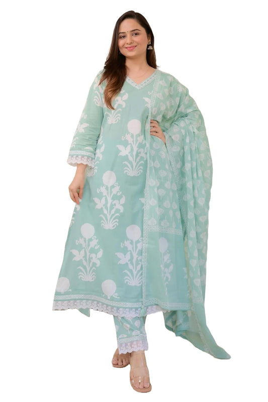 Nermosa Women Cotton Printed Straight V-Neck Kurta Pant With Dupatta