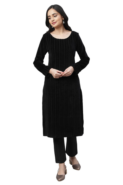 Aurelia Women Black Cotton Blend Geometric Yarn Dyed Straight Kurta
