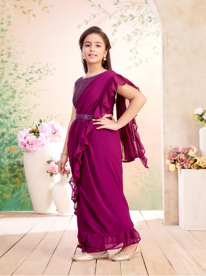 Aarika Girls Ethnic Wear Wine Colour Threat Embroidery Georgette Lehenga Saree With Attachable Dupatta-(3-13 Years)-(SR-26033-WI