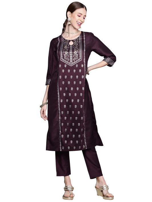 ZIYAA Women's Purple Chinon Straight Kurta And Pant Set(ZIKUCH3801ANDPA)