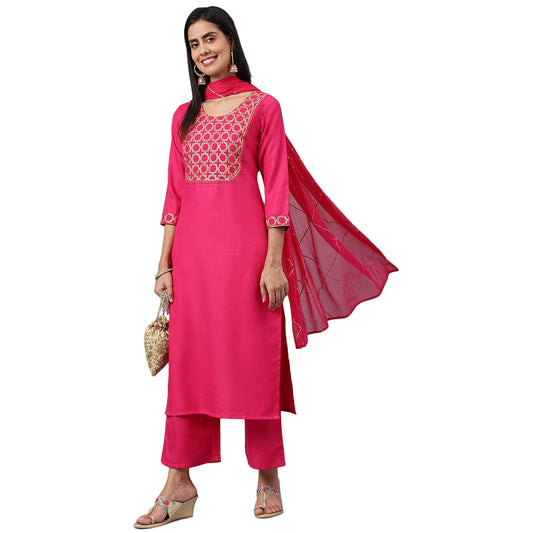 ANNI DESIGNER Women's Cotton Blend Printed Straight Kurta with Pant & Dupatta (Khunti)