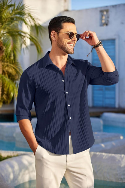 Finivo Fashion MenS Casual Cotton Plain Button Down Shirt Long Sleeve Textured Summer Beach Shirt For Men Navy