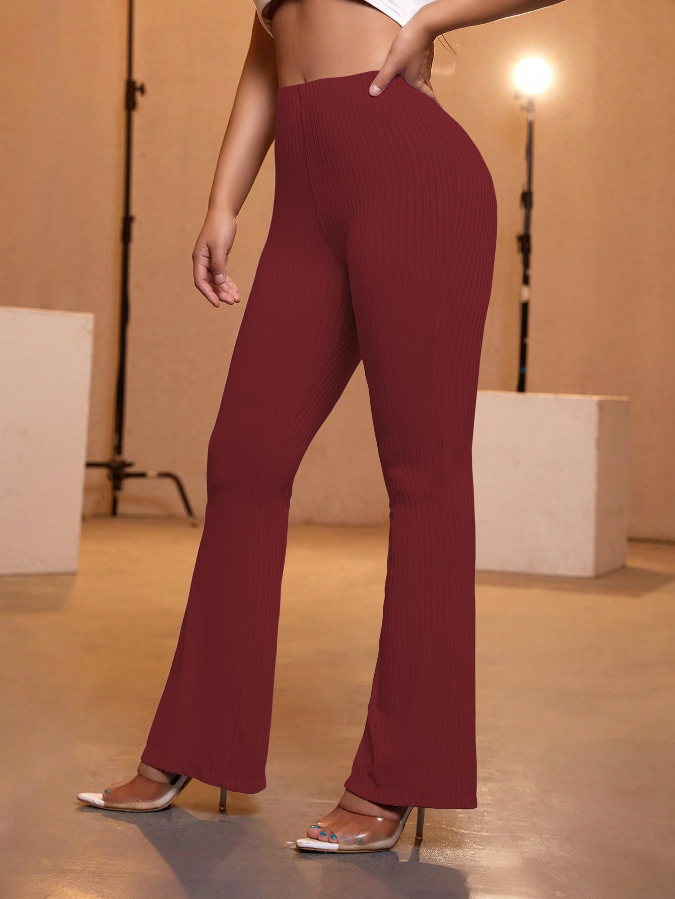 AVANOVA Maroon Womens Yoga Dress Pants Stretchy Work Slacks Business Casual Office Flare Bell-Bottom/Boot-Cut Elastic Waist Reg