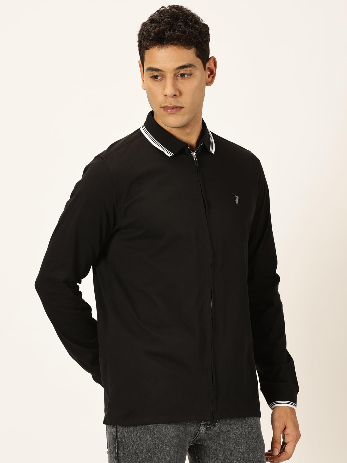 Thomas Scott Full Sleeve Spread Collar Solid Color Jacket with Ribbed On Sleeve for Men Black