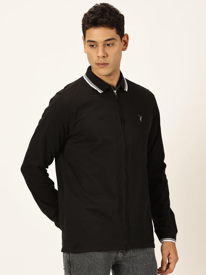 Thomas Scott Full Sleeve Spread Collar Solid Color Jacket with Ribbed On Sleeve for Men Black