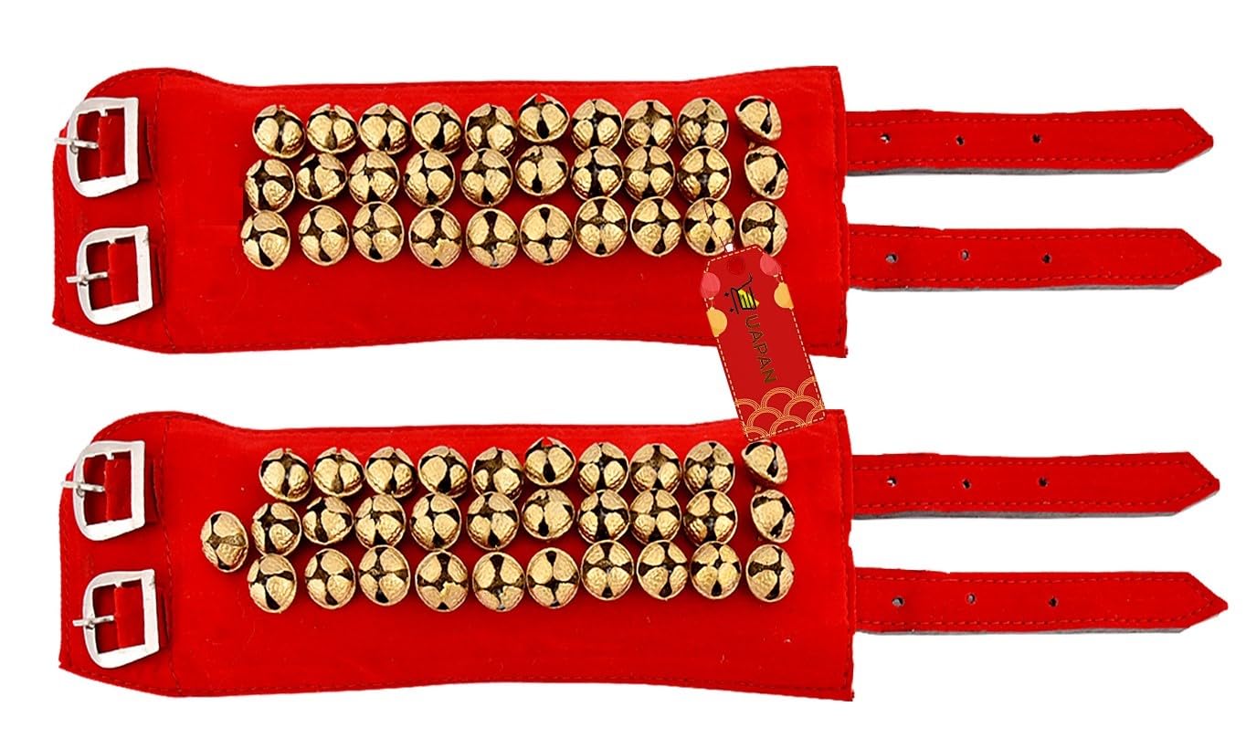 Uapan 3 Line Ankle Bells Velvet Pad For Classical Bharatanatyam Kathak Dance With Adjustable Strap (Red Velvet Belt)