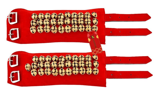 Uapan 3 Line Ankle Bells Velvet Pad For Classical Bharatanatyam Kathak Dance With Adjustable Strap (Red Velvet Belt)