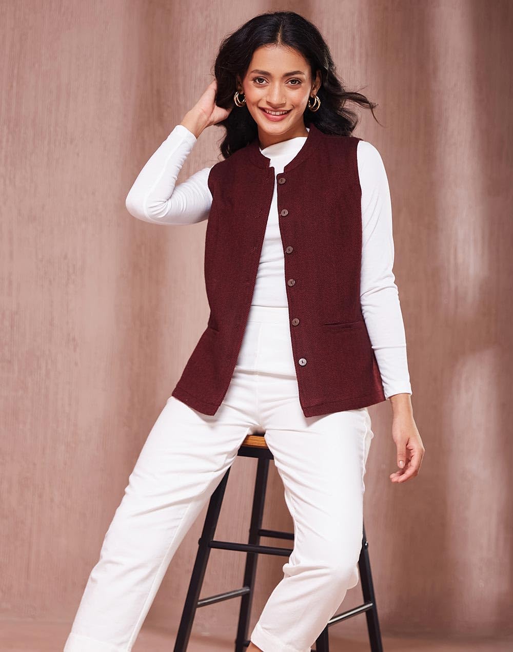 Fabindia Maroon Wool Waist Length Nehru Jacket