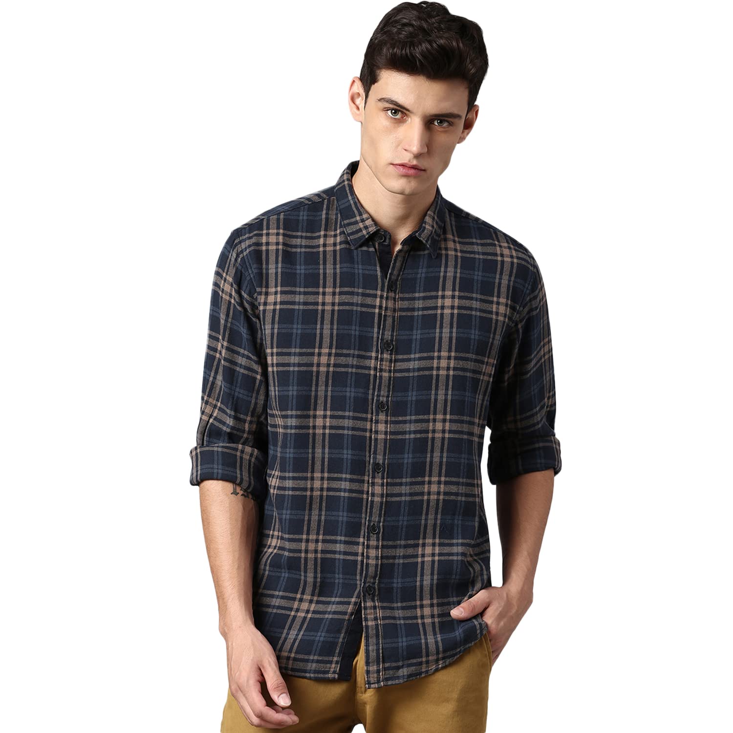 Dennis Lingo MenS Slim Fit Checkered Casual Shirt (Navy Blue)