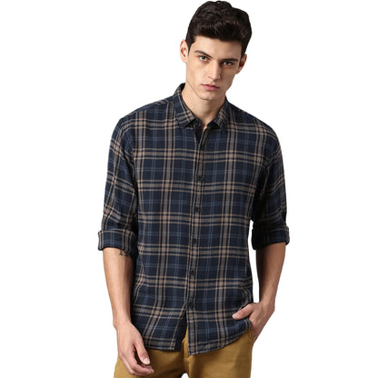 Dennis Lingo MenS Slim Fit Checkered Casual Shirt (Navy Blue)