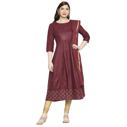ANNI DESIGNER Women's Rayon Anarkali Kurta with Pant & Dupatta (KUMT Maroon_GSK)