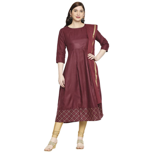 ANNI DESIGNER Women's Rayon Anarkali Kurta with Pant & Dupatta (KUMT Maroon_GSK)