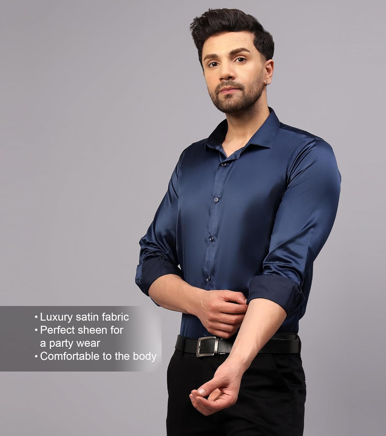 Deelmo MenS Stylish Solid Satin Casual Shirt For Men Full Sleeves| Poly Satin Silk Shirt Navy Blue