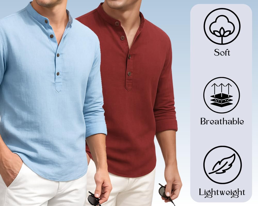 Deelmo Combo Of MenS Cotton Blend Solid Regular Fit Full Sleeve Short Kurta | MenS Trendy Short Kurta Pack Of 2 Sky - Red