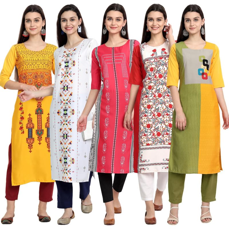 Pinkmint WomenS Printed Kurti For WomenS Round Neck Straight Kurti For Women (Pack Of 5)