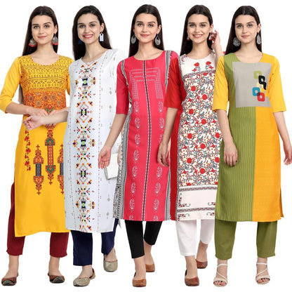 Pinkmint WomenS Printed Kurti For WomenS Round Neck Straight Kurti For Women (Pack Of 5)