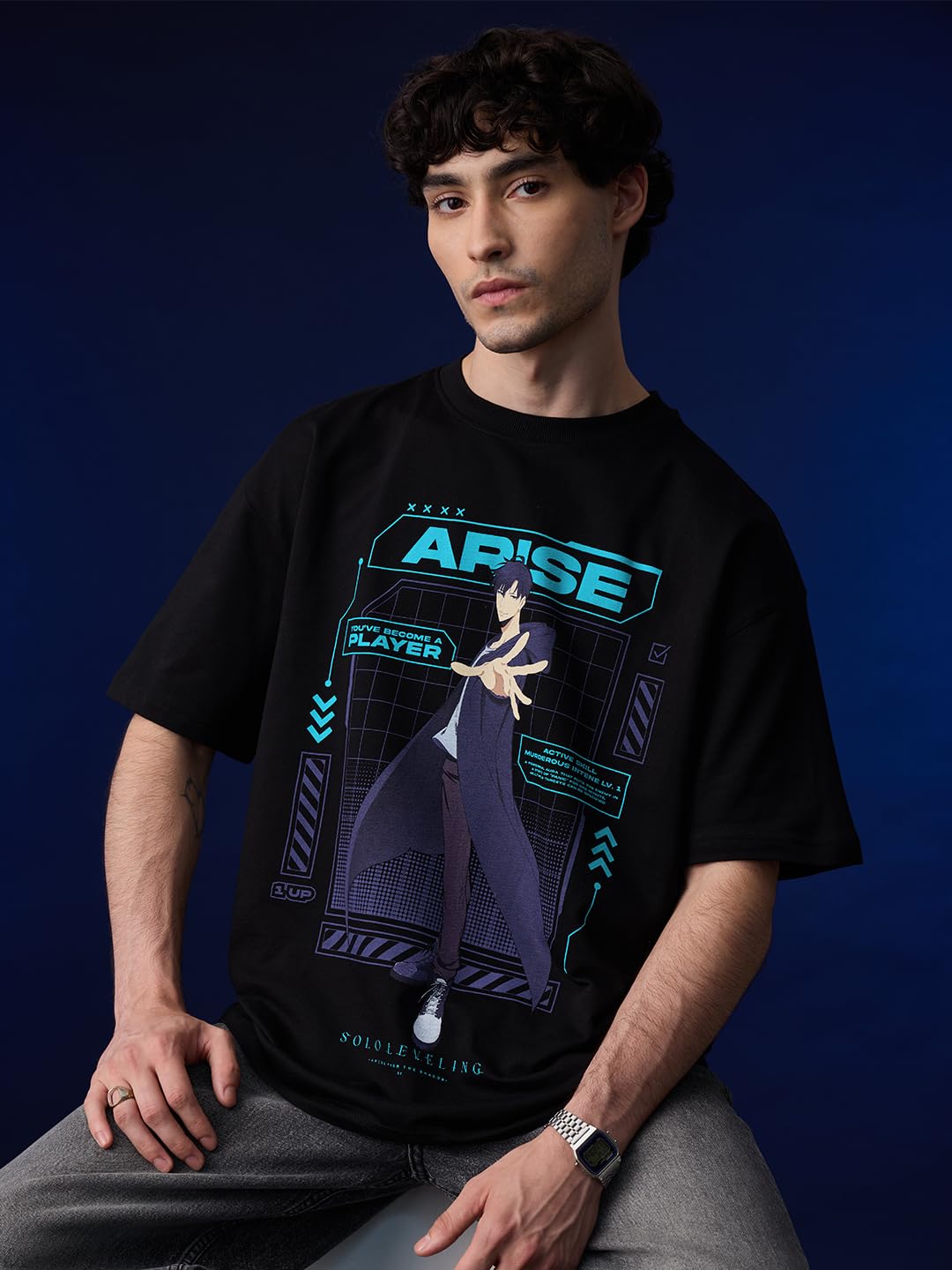 The Souled Store Solo Leveling: Arise Men and Boys Short Sleeves Round Neck Black Graphic Printed Cotton Oversized T-Shirts