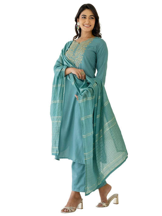 Sanisa Women's Cotton Slub Embroidery Sequin Work Kurta with Pant and Dupatta Set