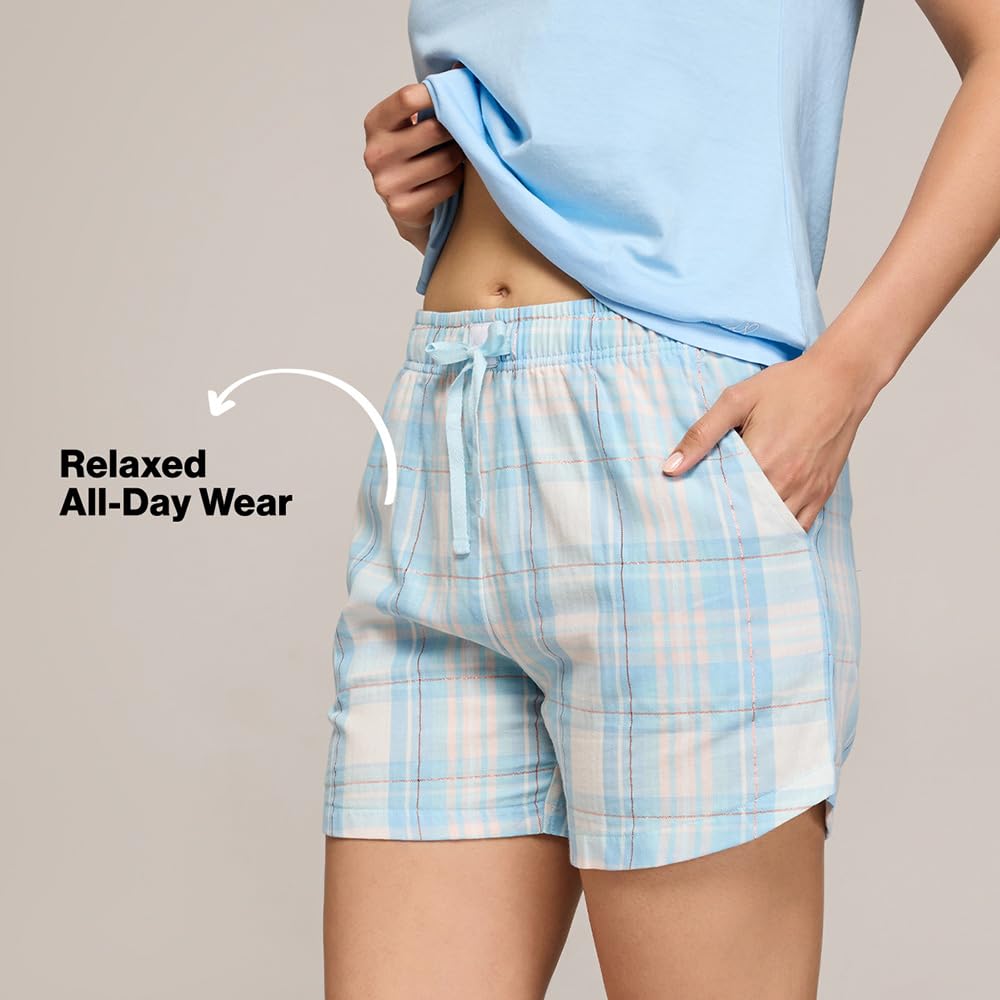 NYKD (NYS914 Checked Pure Cotton Shorts for Women | Relaxed Fit with Non Slip Elasticated Waistband, Adjustable Drawcord & 2 Sid